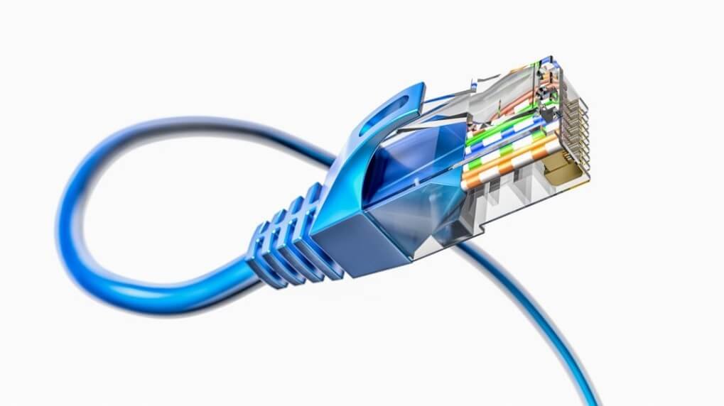 RJ45 connector with LAN cable pairs inside